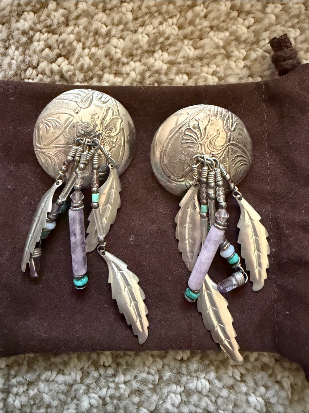 Silver-Tone Feather Dangle Earrings with Lilac and Turquoise Beads